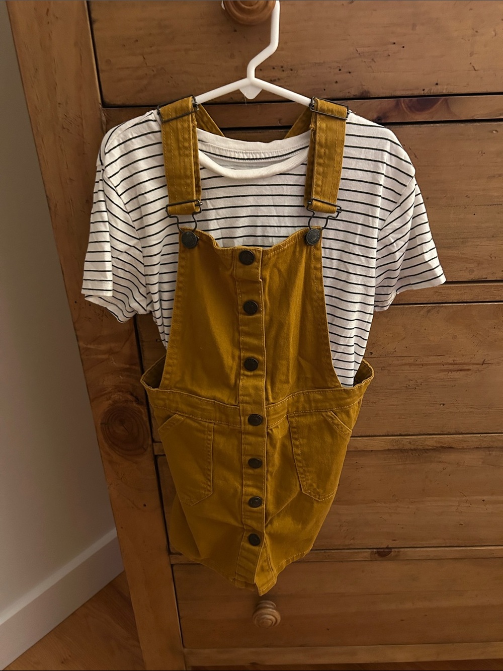 Mustard Yellow Girls' Button-Front Overall Dress and Black & White stripe tee